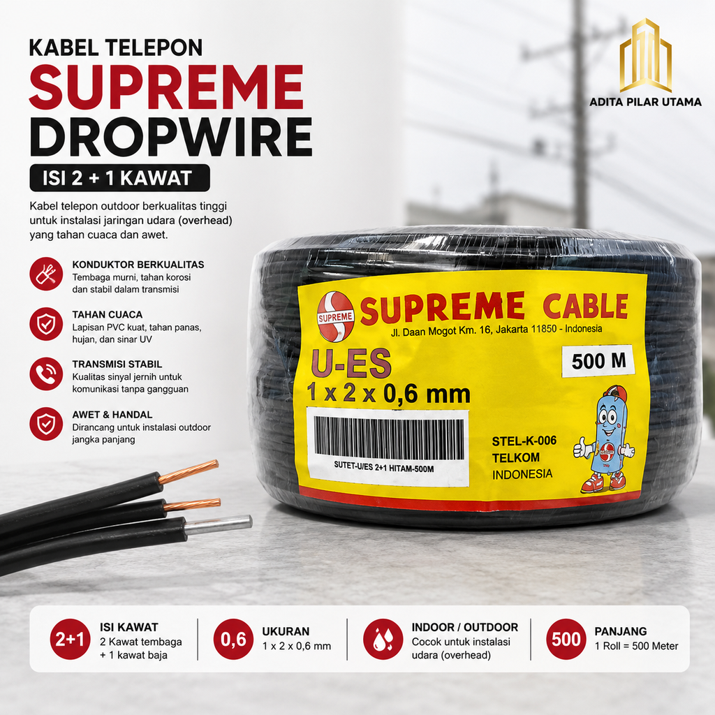 KABEL TELEPON SUPREME isi 2 + 1 kawat warna hitam outdoor Dropwire (AA)