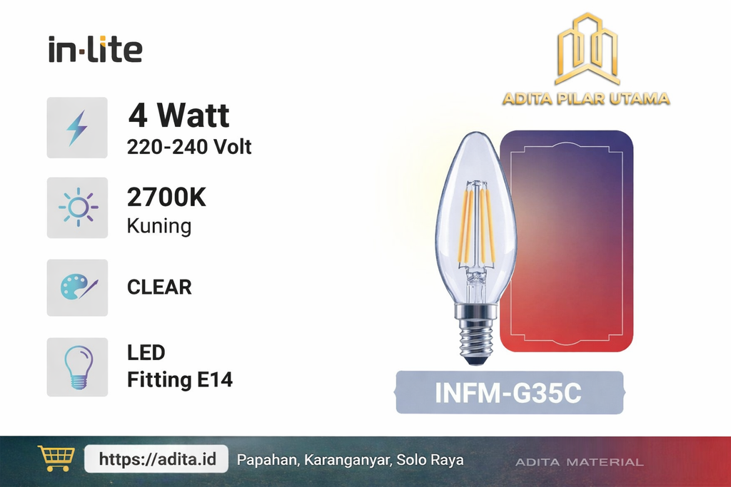 INFM-C35C Lampu Bohlam LED Filament 5,4 WATT C35 Clear E14 Inlite (AA)