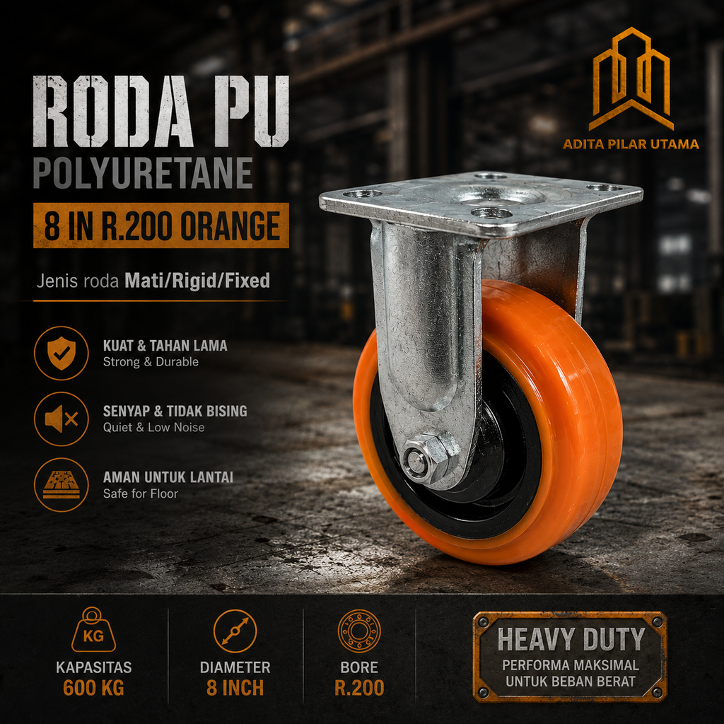 Roda PU Polyuretane 8" R. 200mm ORANGE (Max 600 Kg) (AA)