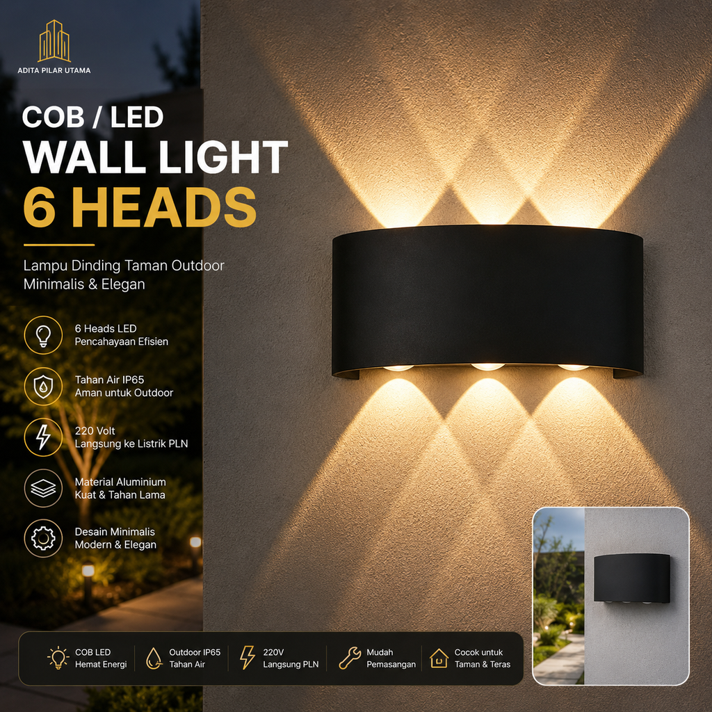 LAMPU HIAS DINDING TAMAN OUTDOOR COB /LED WALL LIGHT BLACK 6 HEAD (AA)