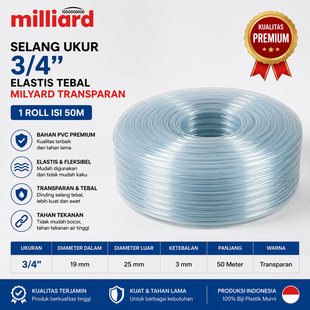 Selang Ukur ¾" Elastik Tebal MILYARD TRANSPARAN (AA)
