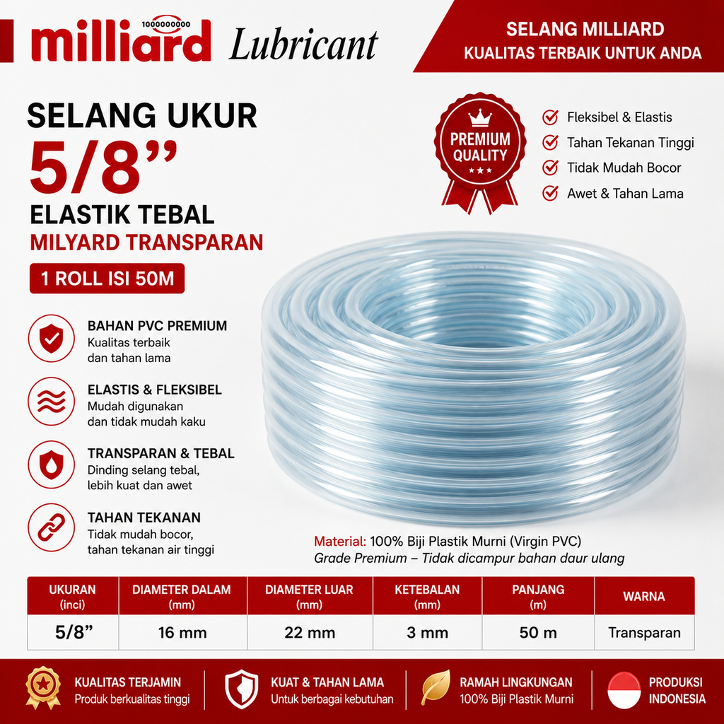 Selang Ukur ⅝" Elastik Tebal MILYARD TRANSPARAN (AA)