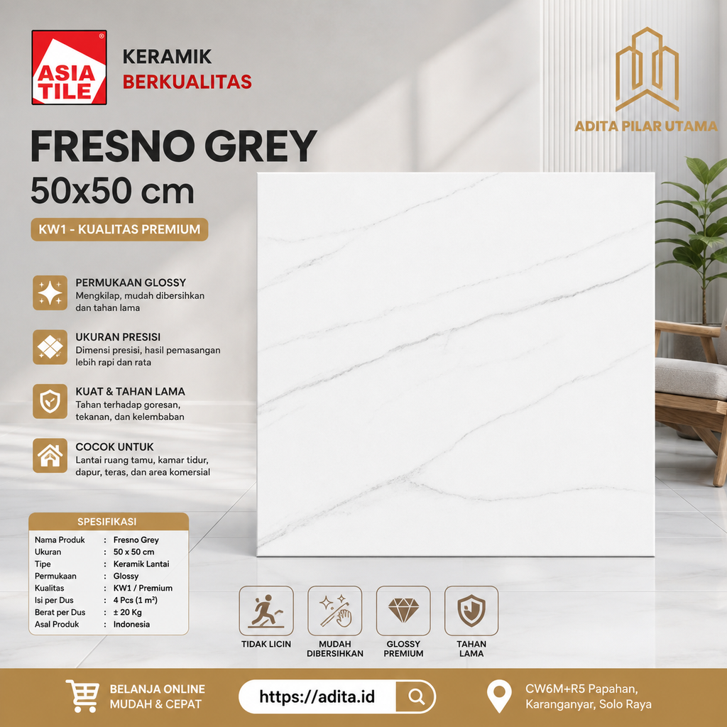 KERAMIK 50x50 ASIA TILE Fresno Grey 50x50 Cm KW1 (AA)