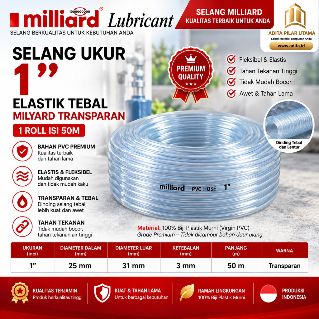 Selang Ukur 1" Elastik Tebal MiLLiard - MILYARD TRANSPARAN TEBAL (AA)