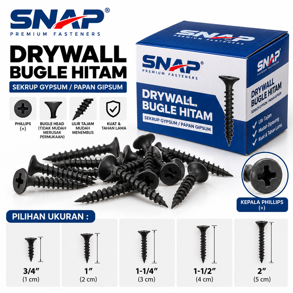 Drywall Bugle M.6X ¾" Hitam SNAP (1DOS=2000 Pcs) (AA)