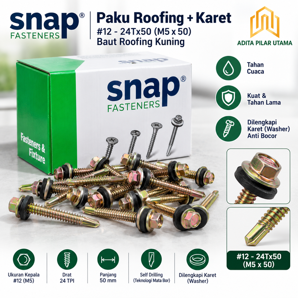Paku Roofing 12x50 Karet #12-24Tx50 Baut Roofing M5X50 Kuning SNAP (AA)