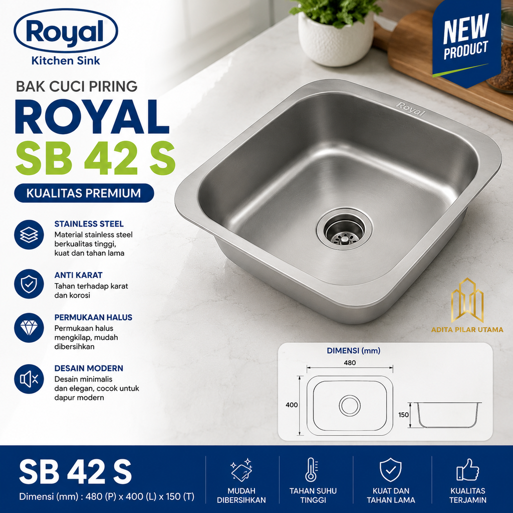 BCP Bak Cuci Piring ROYAL SB 42 S Dim 48x40x15cm (AA)