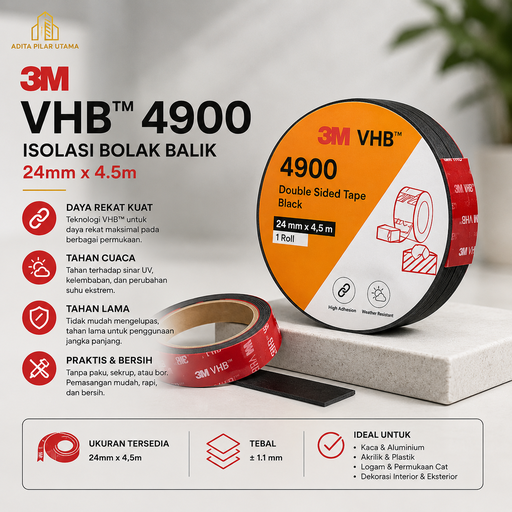 [2303029 (AA)] Isolasi Bolak Balik MERK 3M VHB 4900 - 24mmX4.5m - DOUBLE TAPE GPL-110GF (AA)