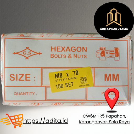 [775297 (AA)] MUR BAUT KUNING M8X70 p1.25 k12 HEXAGON (AA)