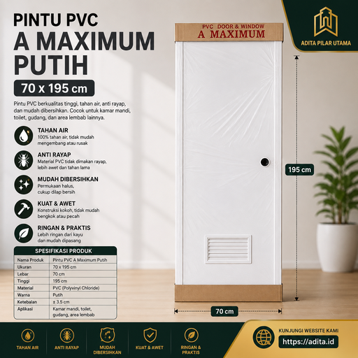[1507018 (AA)] PINTU PVC A MAXIMUM PUTIH 70X195 (AA)