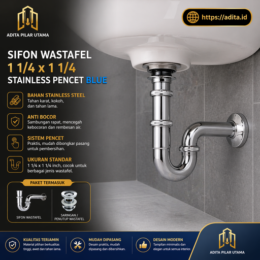 [081120241125 (AA)] SIFON WASTAFEL 1 1/4x1 1/4 STAINLESS PENCET BLUE (AA)
