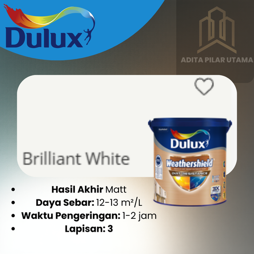 [250620250755 (AA)] Dulux Weathershield Dirt Resistance A928 BRILLIANT WHITE 2290 20L CAT PUTIH (AA)
