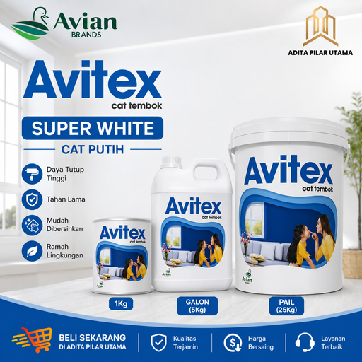 [180820251049 (AA)] Avitex Cat Tembok SUPER WHITE PAIL -SW A009SW CAT PUTIH(AA)