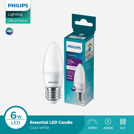 [260320261018 (AA)] Philips Lampu Bohlam ESSential LED Candle 6 WATT E27 4000K Cool White (AA)