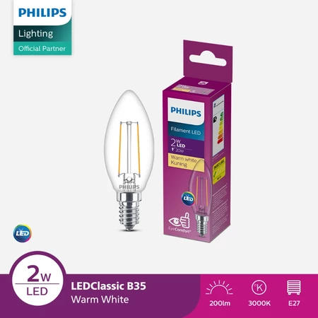 [260320261024 (AA)] Philips Lampu Bohlam LEDClassic B35 2W E14 Warm White (AA)